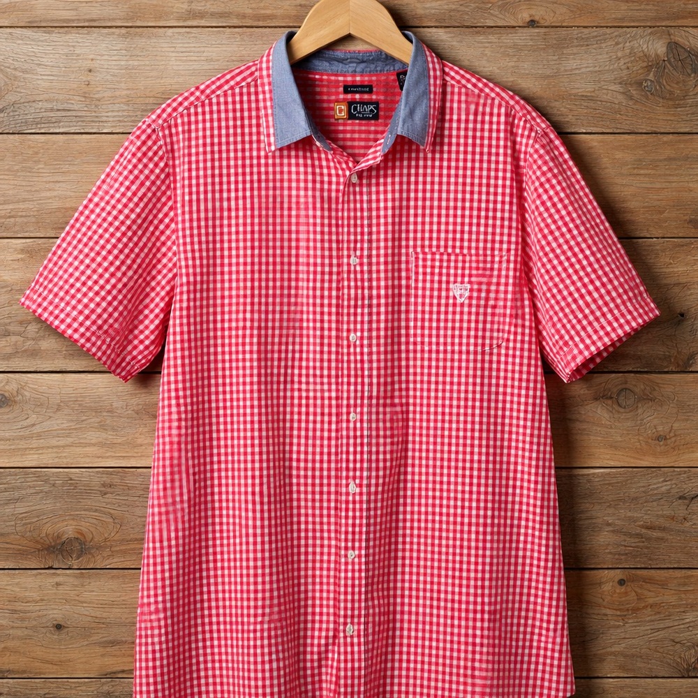 Chaps SizeLarge Checked Print Button Down Cotton Polyester Red White RetroShirt